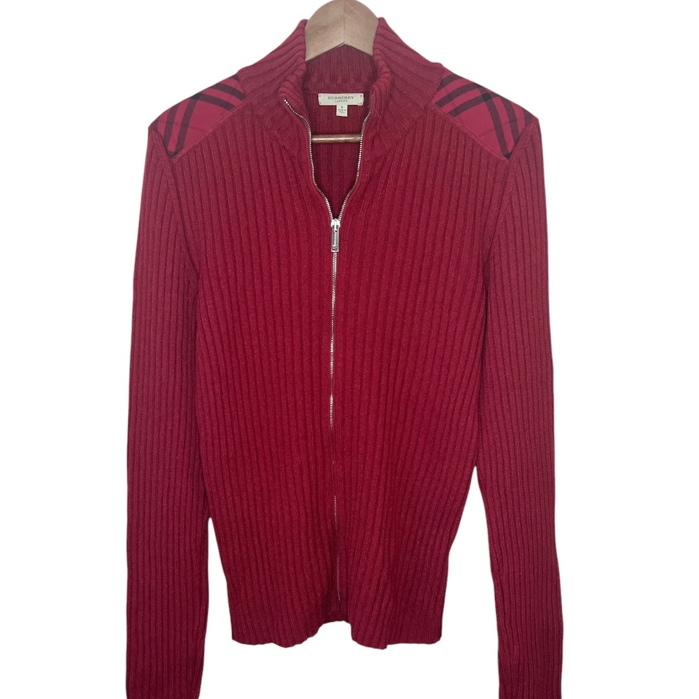 Burberry London Red Merino Wool Ribbed Check Shoulder Sweater S